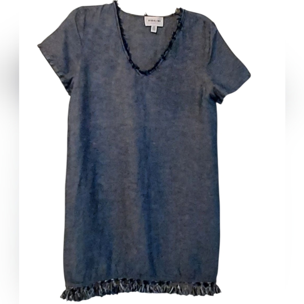 Highline Collective Blue Chambray Linen Blend Dress Fringe Nautical Preppy Small